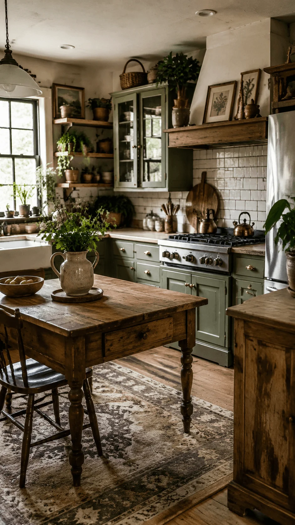 Vintage sustainable kitchen with restored wooden furniture, green cabinets, antique decor, open shelves, natural textures, indoor plants, and timeless rustic design creating a warm eco friendly kitchen atmosphere