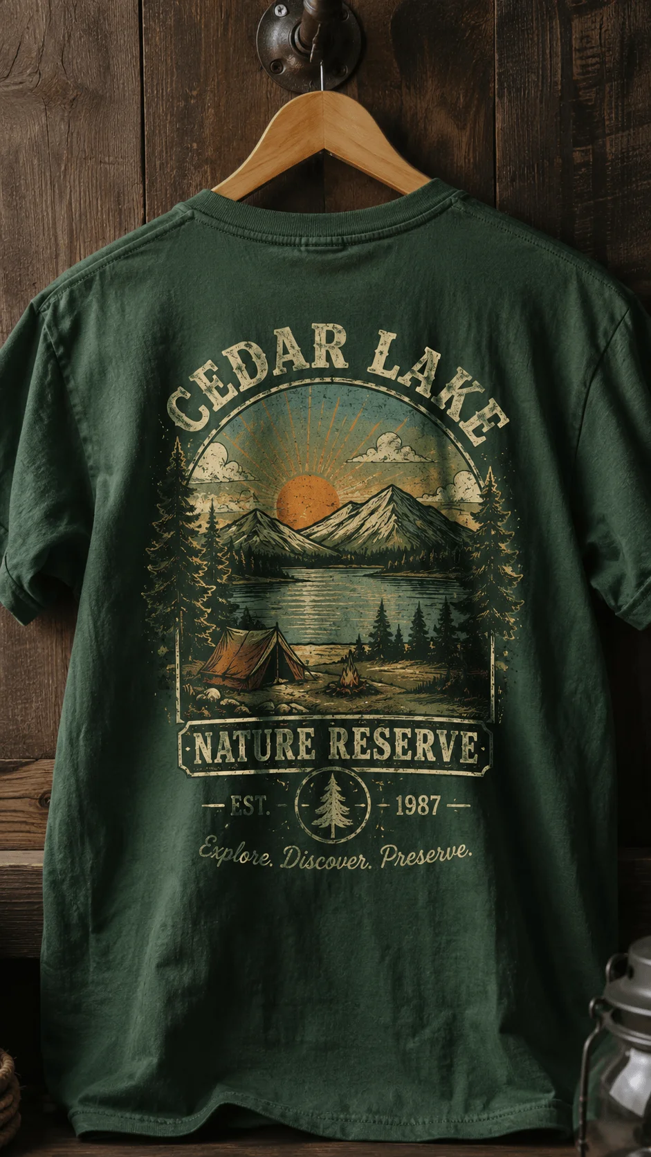 Vintage travel green tshirt template featuring Cedar Lake Nature Reserve retro camping scene with mountains lake forest sunrise and classic outdoor adventure back print on a dark green shirt mockup