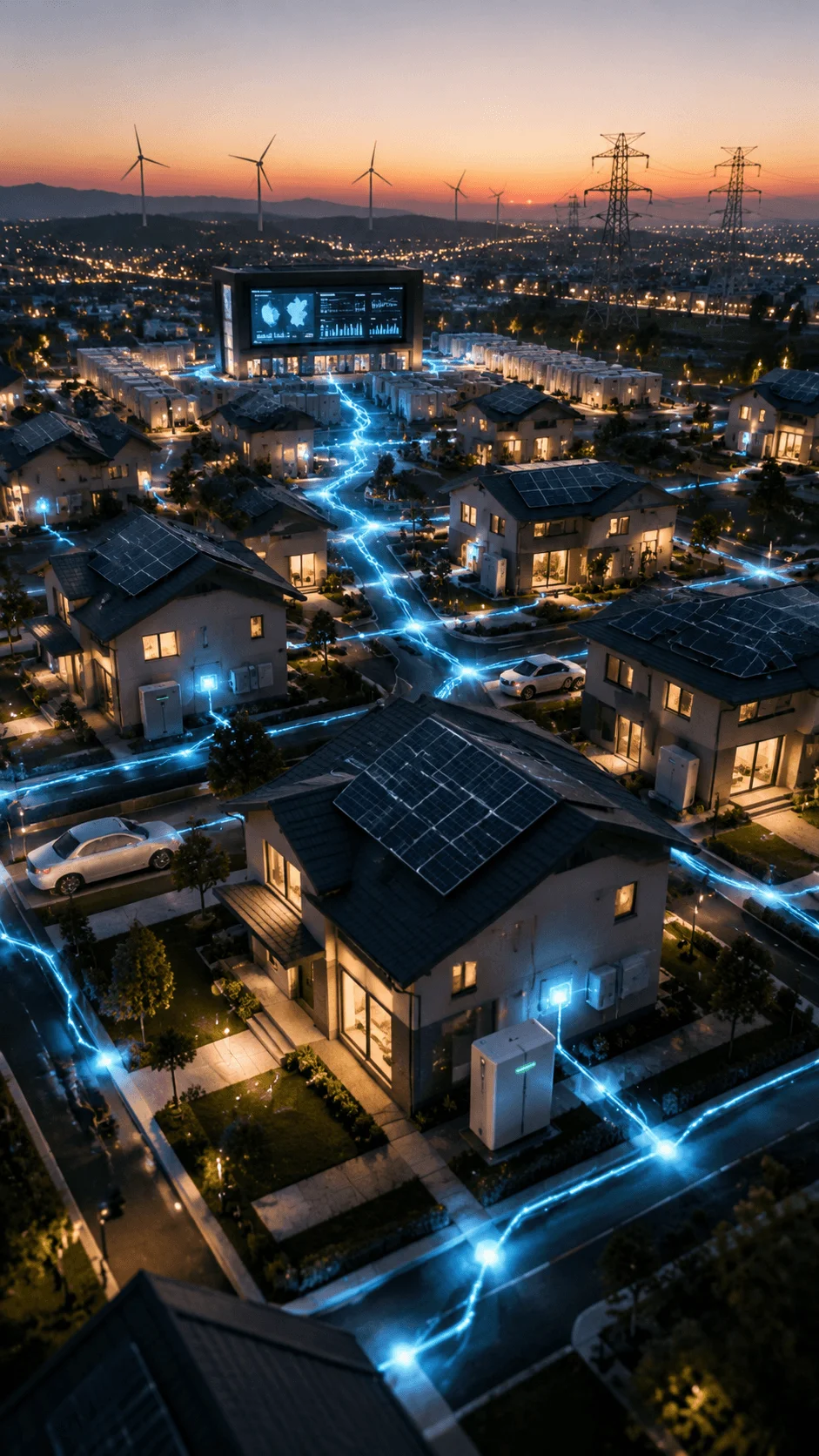 Virtual power plant network connecting smart homes with solar energy systems battery storage and renewable electricity management technology