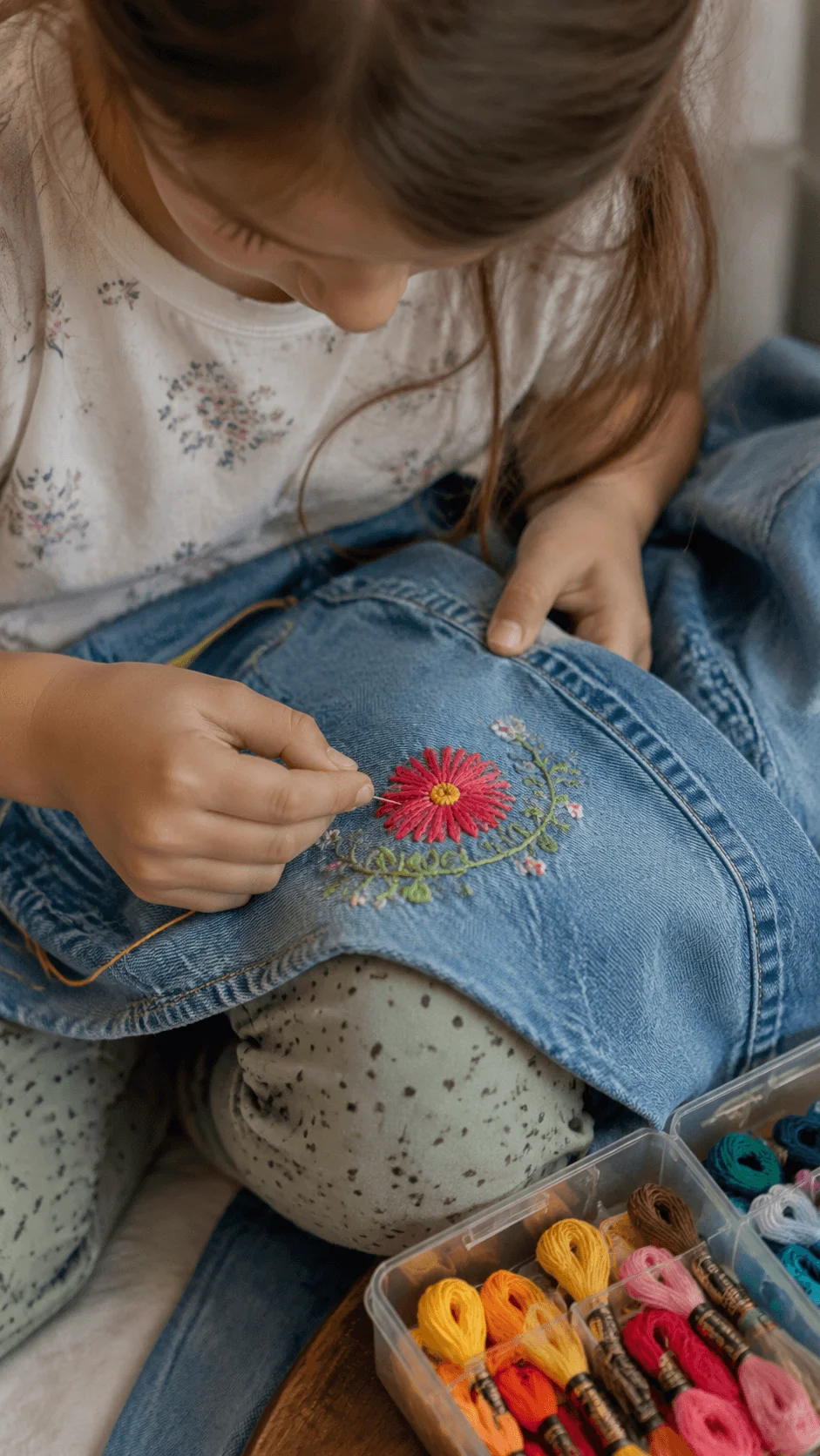 Child repairing denim clothing with colorful embroidery as a visible mending activity using threads and creative sewing techniques for sustainable fashion