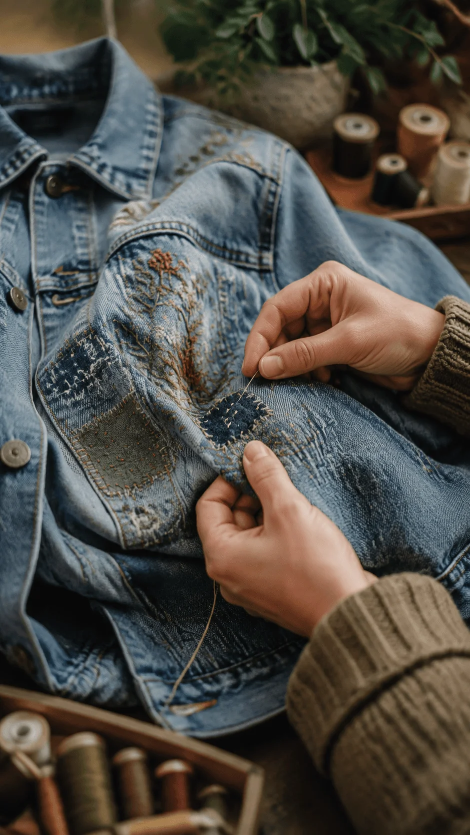 Visible mending repair technique showing hands stitching patches on a denim jacket with embroidery details and sustainable clothing restoration materials