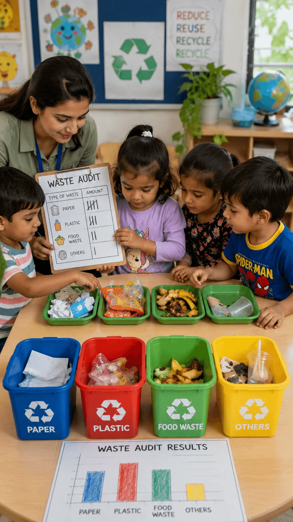 Preschool children sorting paper, plastic, food waste, and other materials into colorful recycling bins while recording results during a classroom waste audit activity.