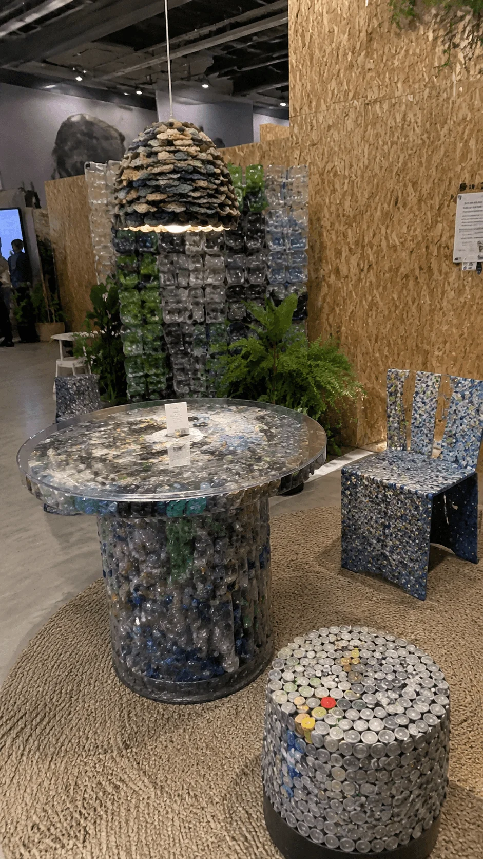 Waste to design innovation project featuring creative furniture made from recycled plastic materials and circular economy inspired sustainable creativity