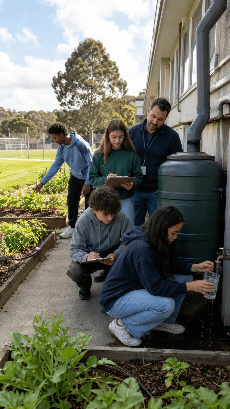 High school students conducting a water audit and testing a rainwater collection system beside a school garden