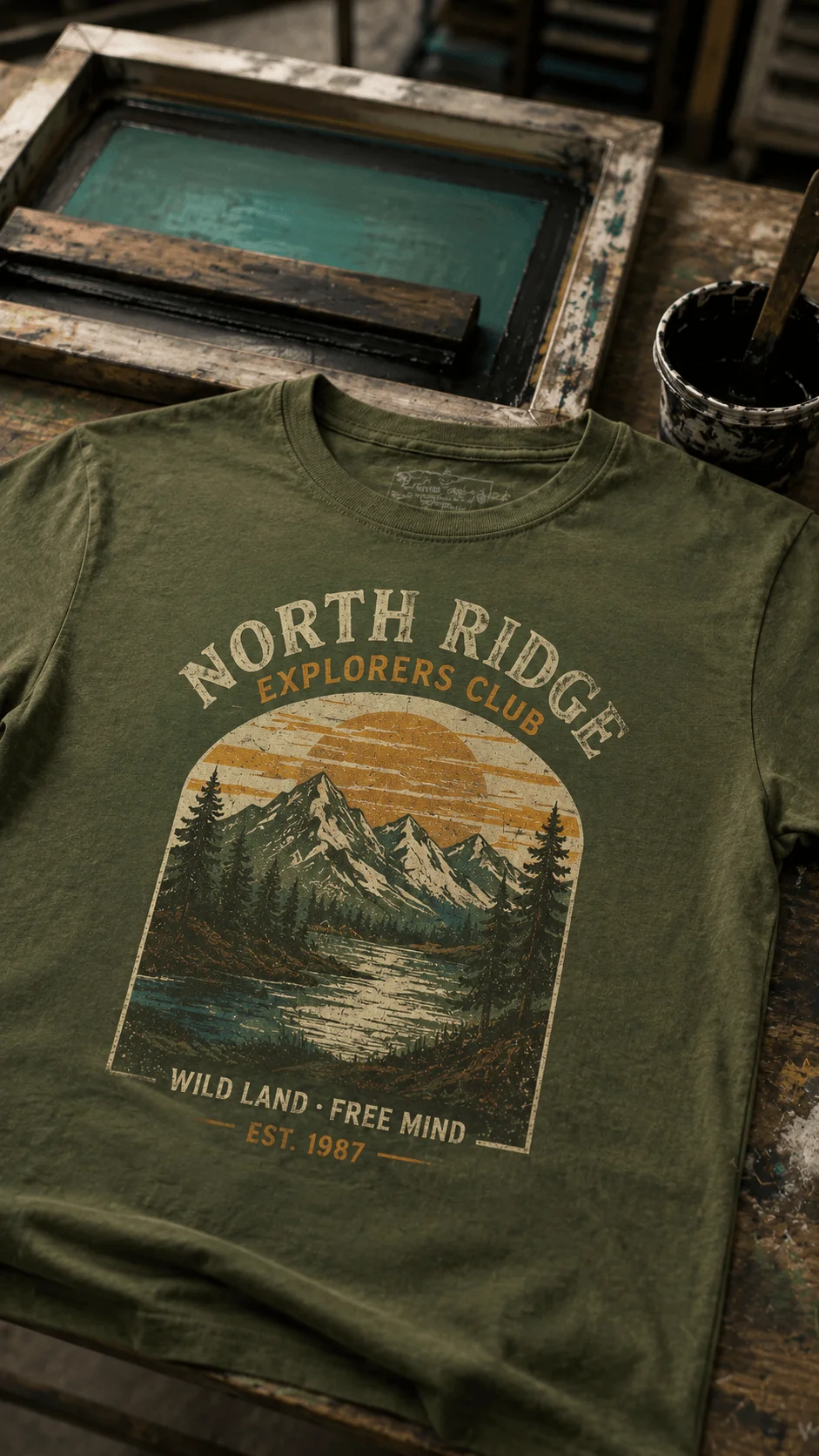 Vintage mountain graphic T shirt printed with water based ink beside a screen printing frame