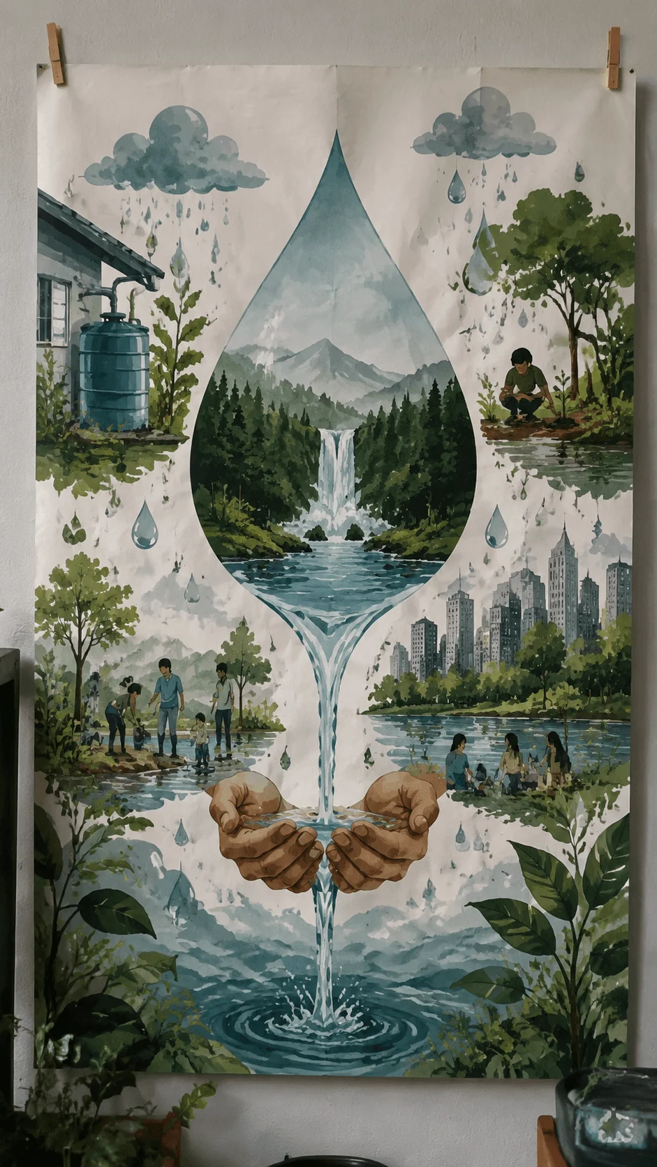Water conservation aesthetic poster featuring a large water drop illustration with forests rivers rain harvesting and communities protecting water resources through sustainable environmental practices