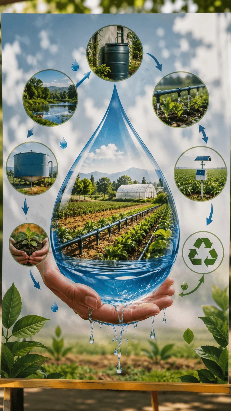 Water conservation agriculture poster showing sustainable irrigation system with water droplet farmland rainwater collection recycling and smart farming technology