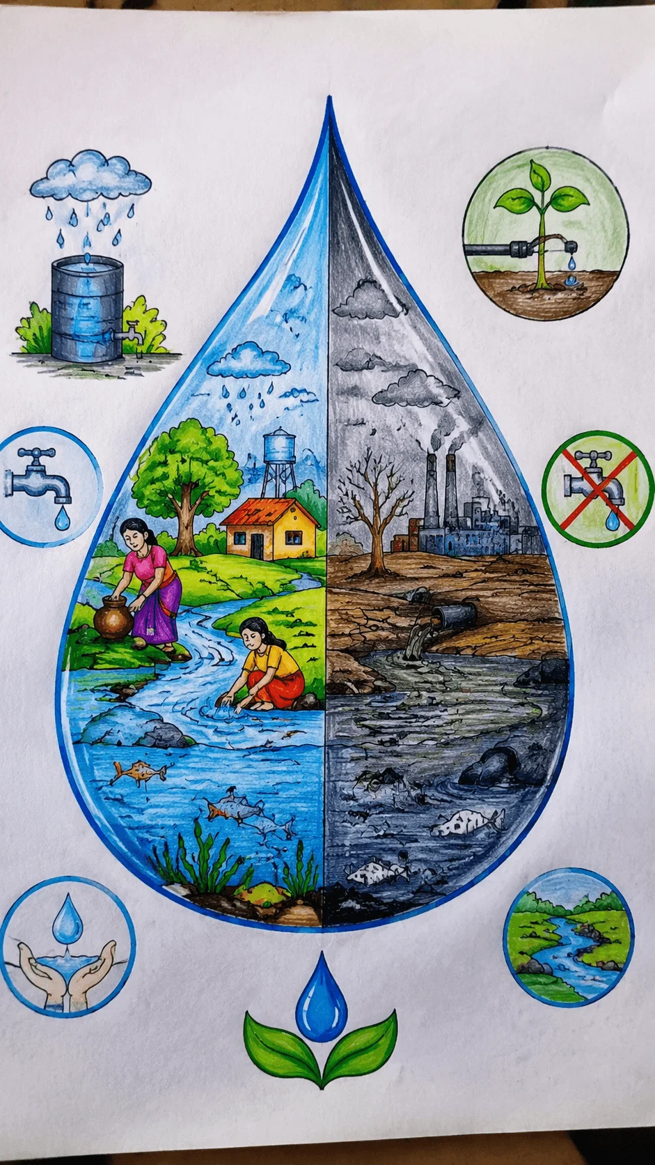 Water conservation front page design showing a water drop divided into clean and polluted environments with rivers, trees, people saving water, rainwater harvesting, drought effects, and environmental protection symbols