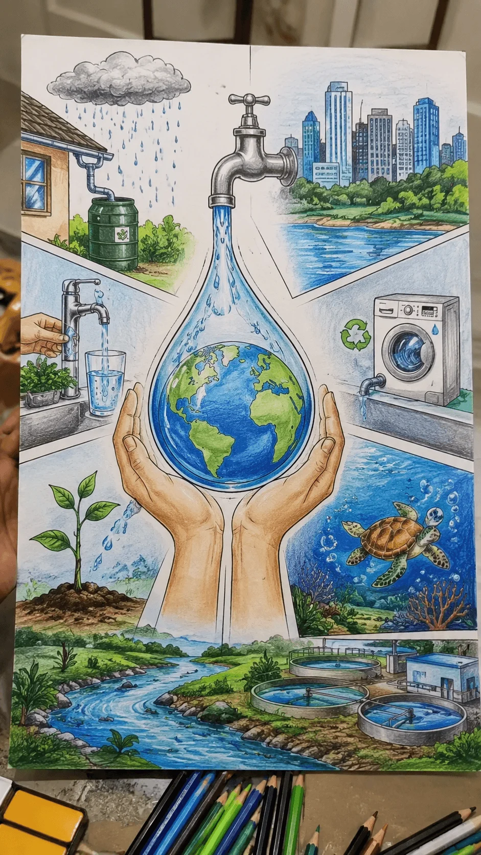 Water conservation poster showing a water droplet containing the earth, hands protecting the planet, rainwater harvesting, clean rivers, water recycling, ocean protection, sustainable water management, and environmental awareness concepts