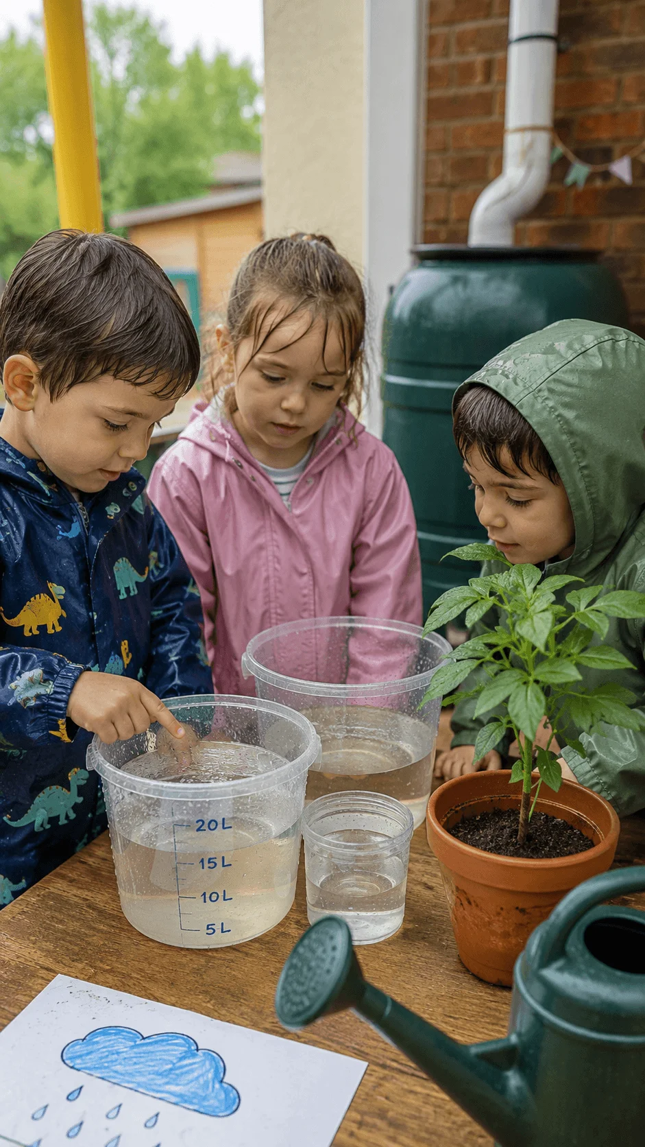 Children measuring collected rainwater and observing a potted plant during a water conservation activity in a childcare garden