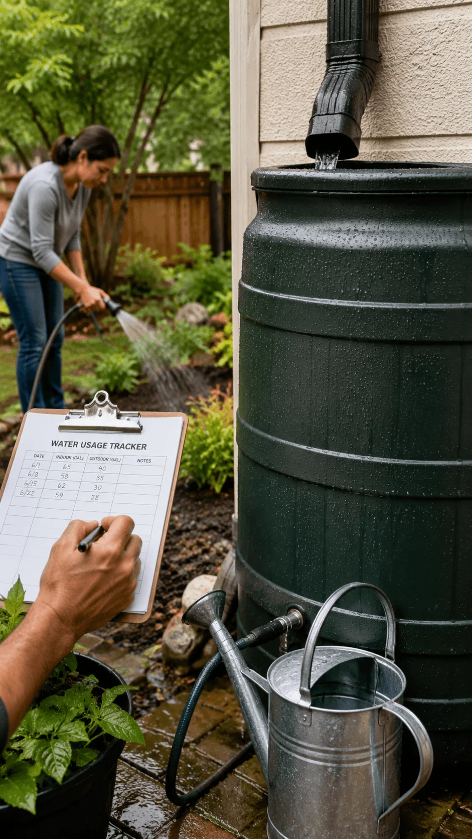 Rainwater barrel collecting roof runoff while adults monitor water use and water a garden
