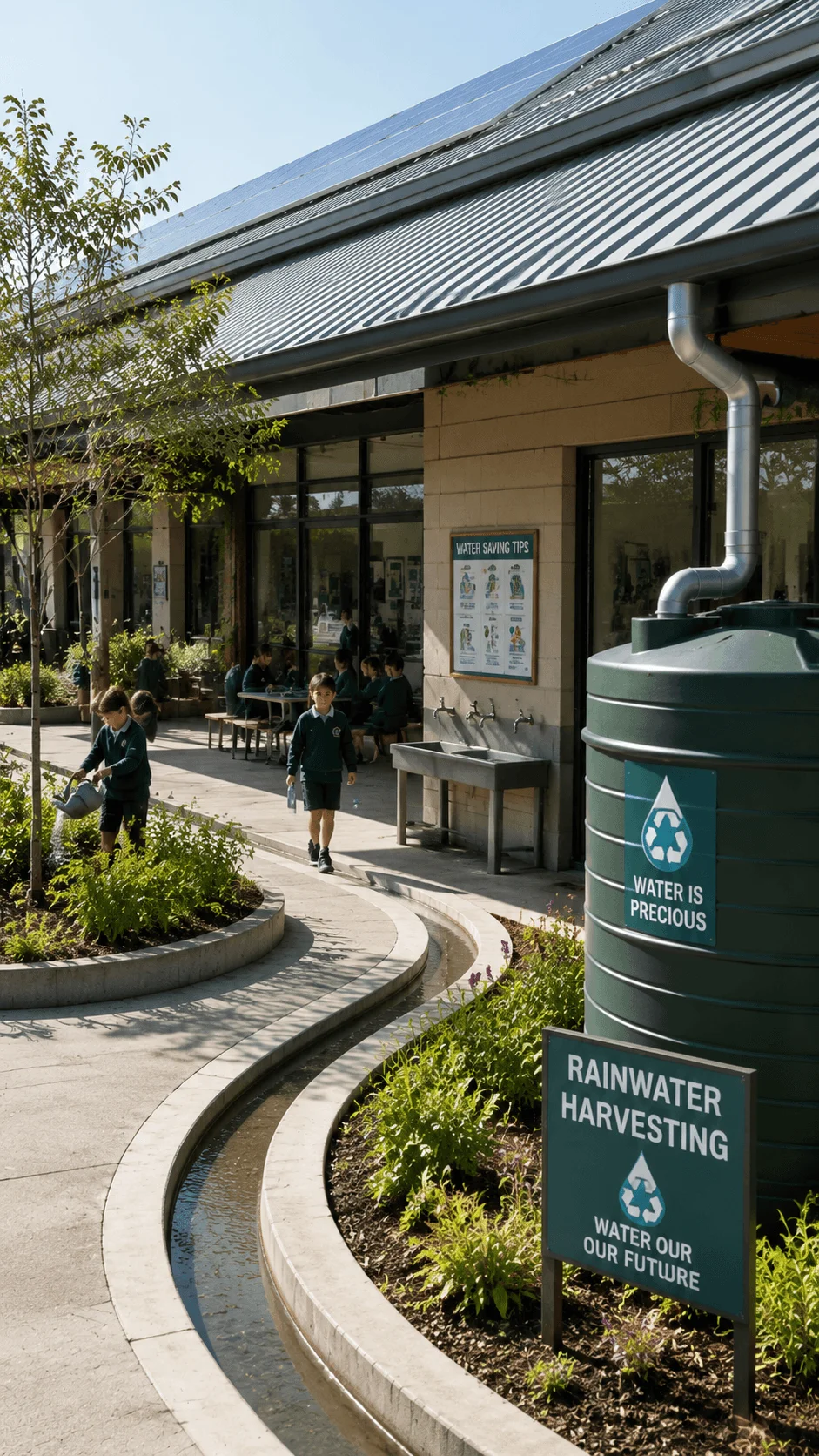 Water efficient school architecture featuring rainwater harvesting systems water conservation practices solar panels green landscaping and students learning in a sustainable campus environment