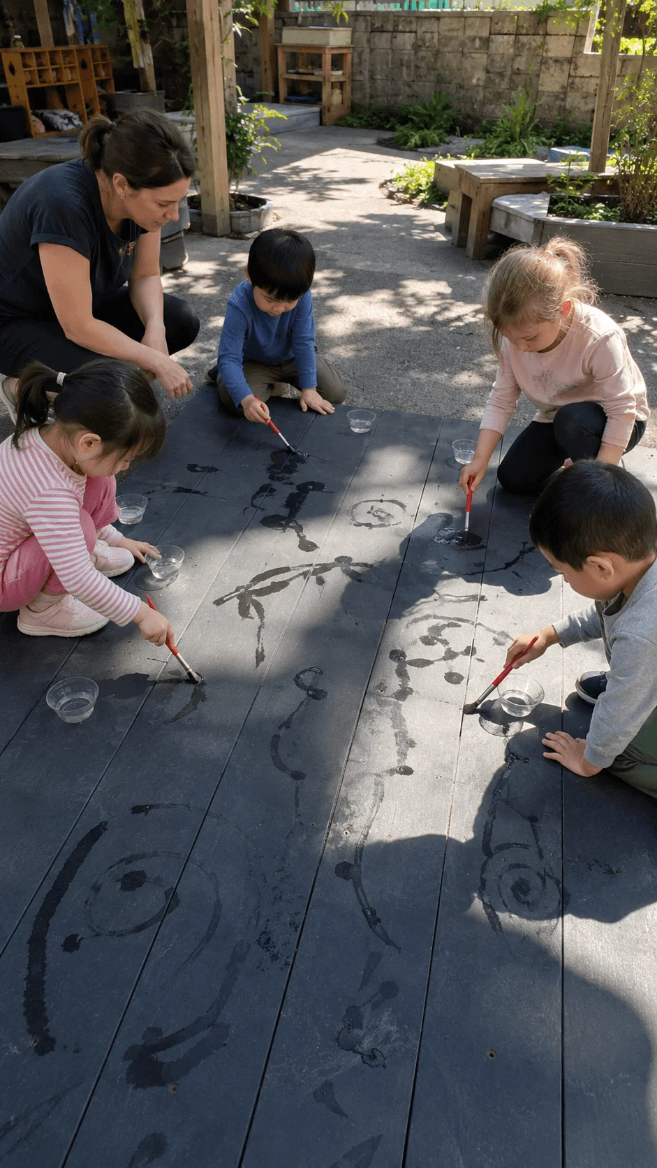 Preschool children painting temporary pictures with water on a dark outdoor surface while learning about evaporation