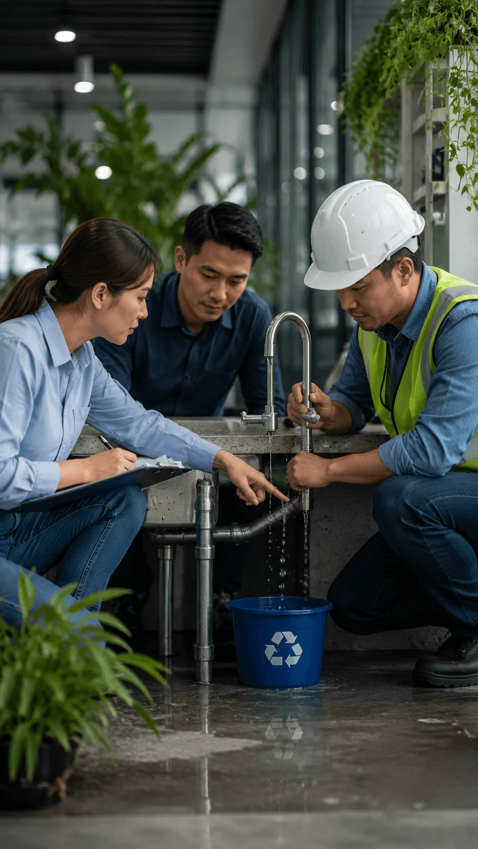 Employees conducting a water resilience workplace challenge by inspecting leaks, monitoring water use, and developing sustainable water conservation solutions in an office environment