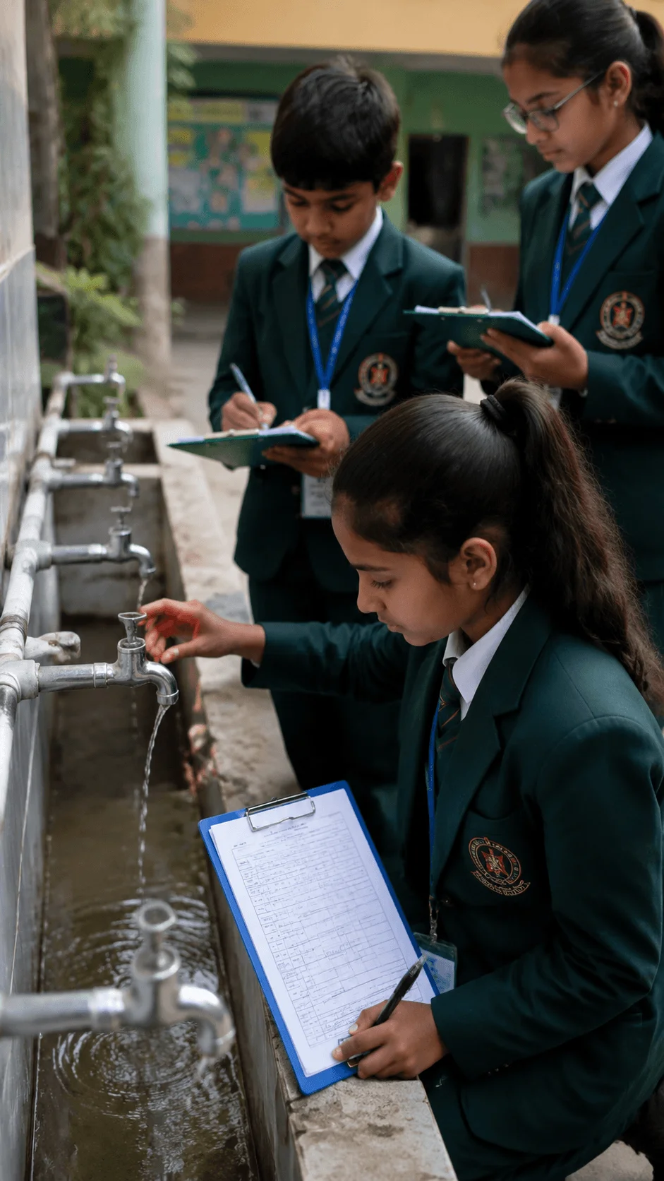 Students conducting a water saving audit at school by checking taps measuring water use and recording conservation data