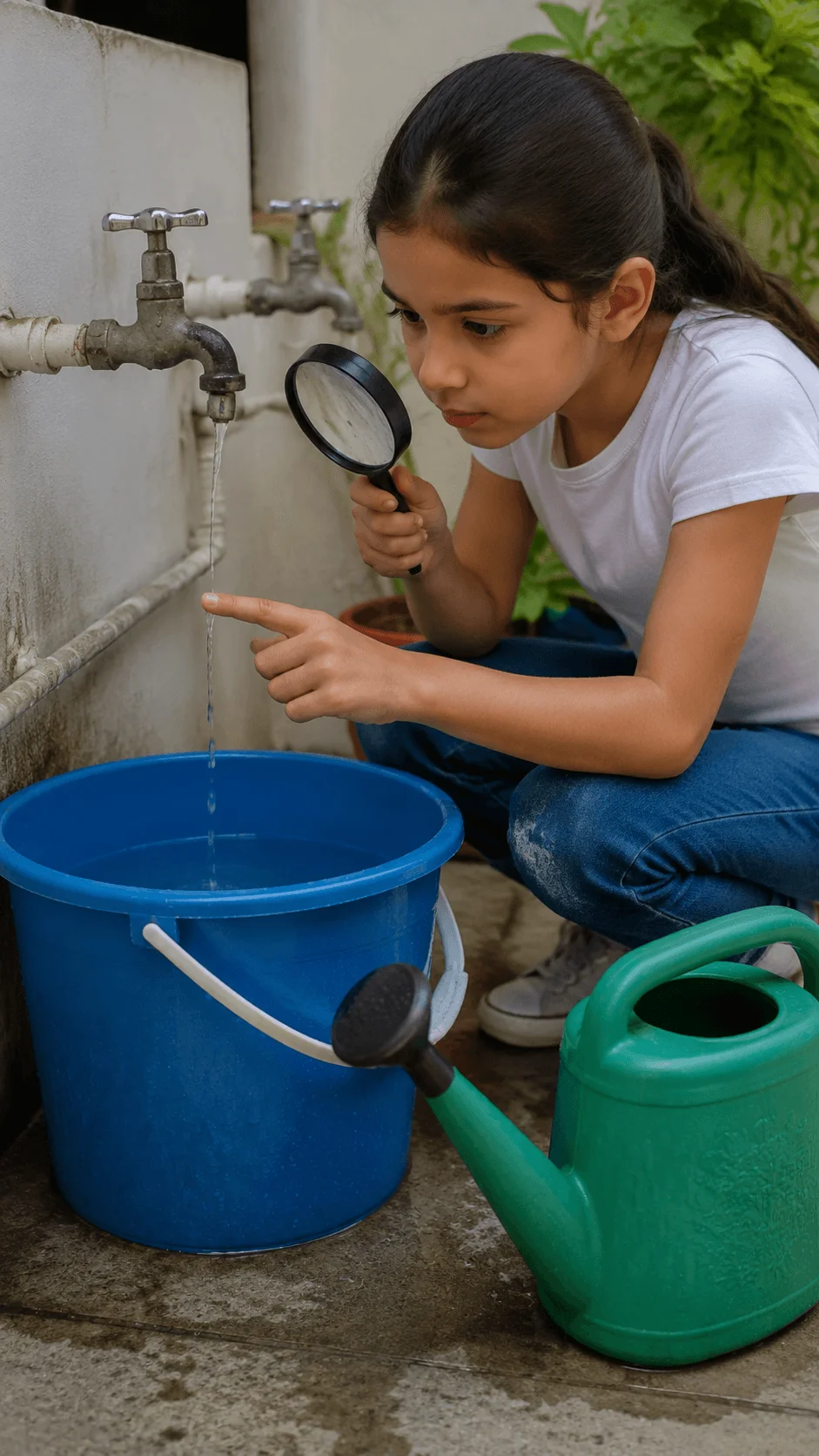 Child checking a leaking tap with a magnifying glass while collecting water in a bucket as part of a water saving sustainability activity for kids
