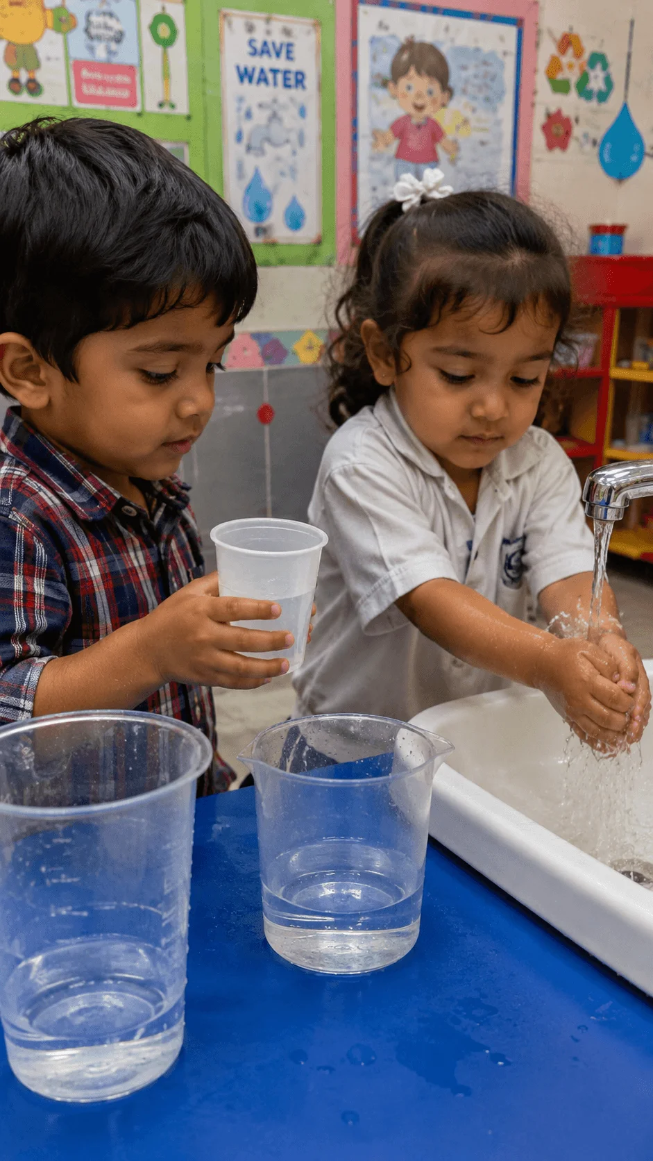 Preschool children comparing water use with cups and containers while washing hands during a classroom water saving experiment.