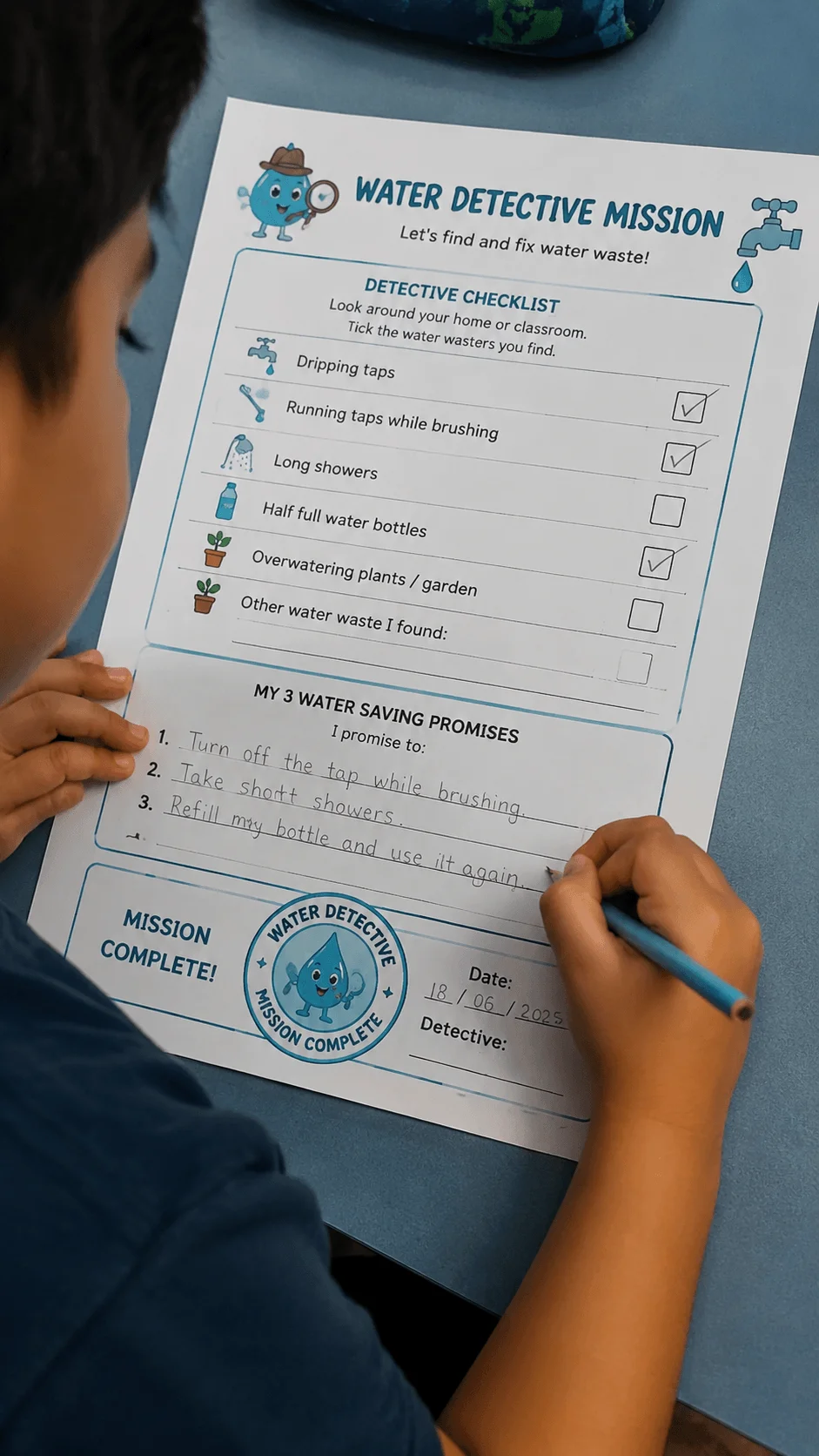 Child completing a water saving detective mission worksheet with a checklist for finding water waste and writing conservation promises while learning about saving water through an eco friendly activity