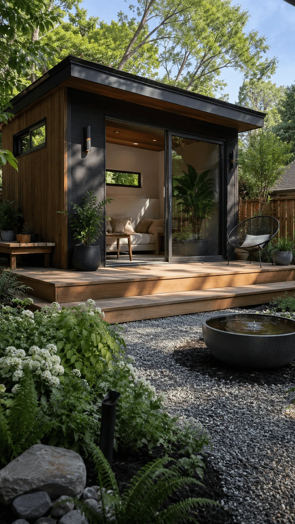 Wellness focused sustainable ADU retreat surrounded by lush gardens natural wood exterior peaceful outdoor seating calming water feature abundant natural light and healthy eco friendly living environment