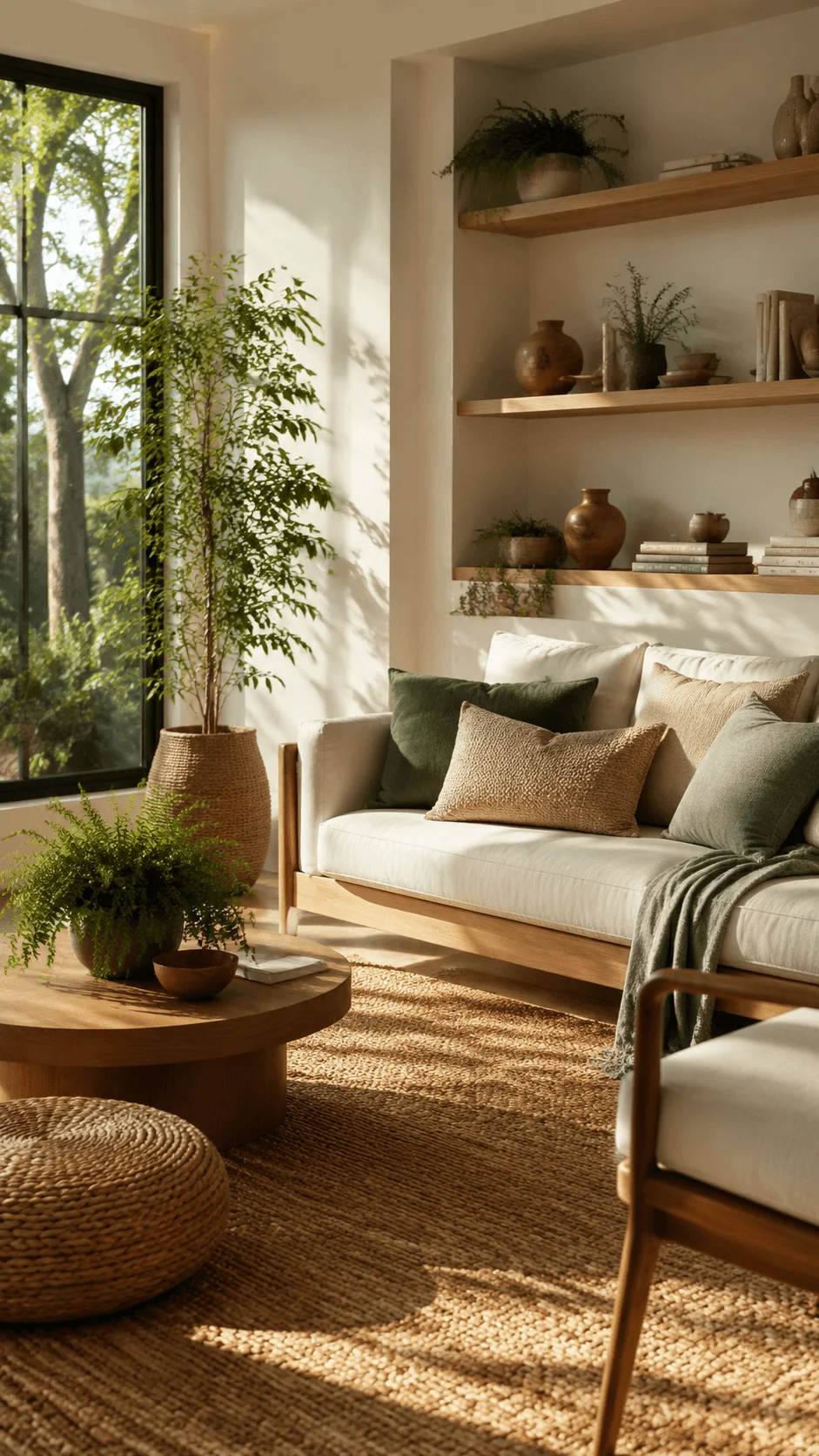 Wellness focused sustainable space featuring a calming living room with natural light, indoor plants, organic textures, wooden furniture, woven rug, and eco friendly interior design elements