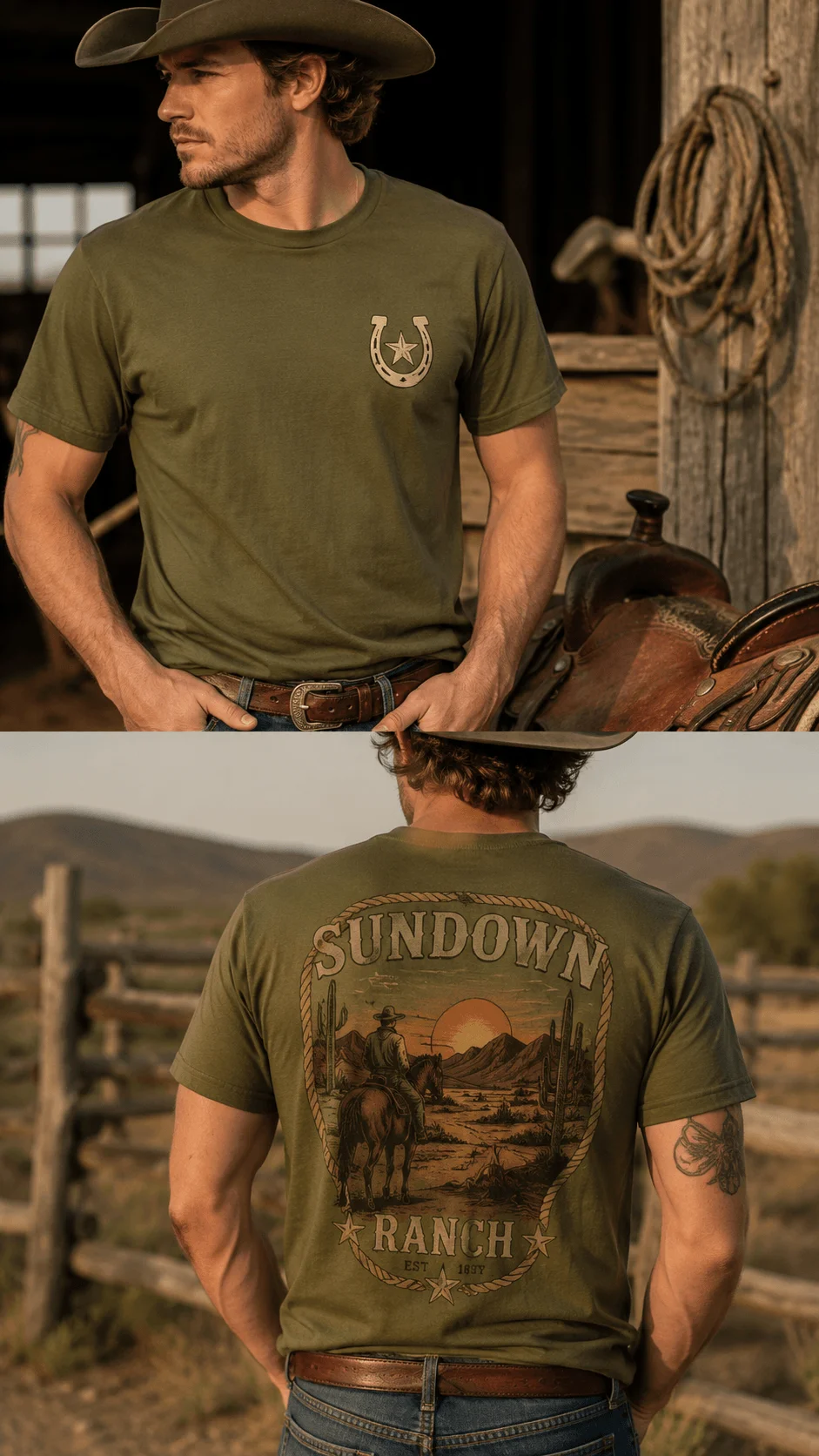 Man wearing a western inspired olive green T shirt with a horseshoe chest emblem and vintage ranch graphic on the back