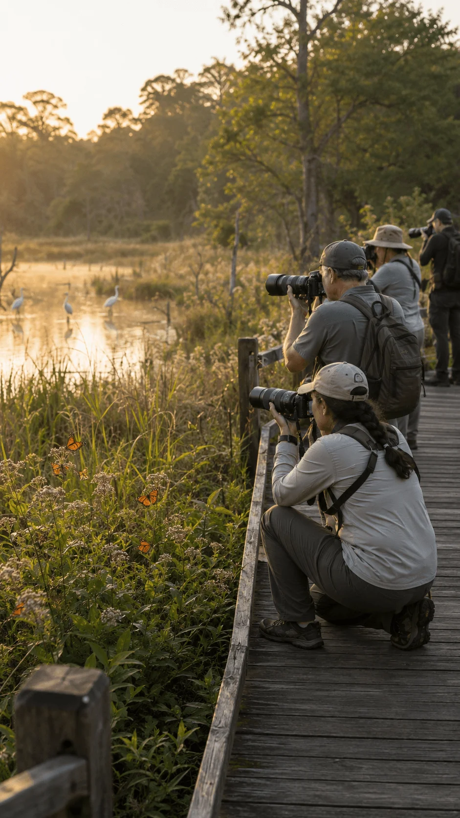 Wildlife conservation photography event with photographers capturing birds and nature in a peaceful wetland surrounded by trees, plants, and natural morning light