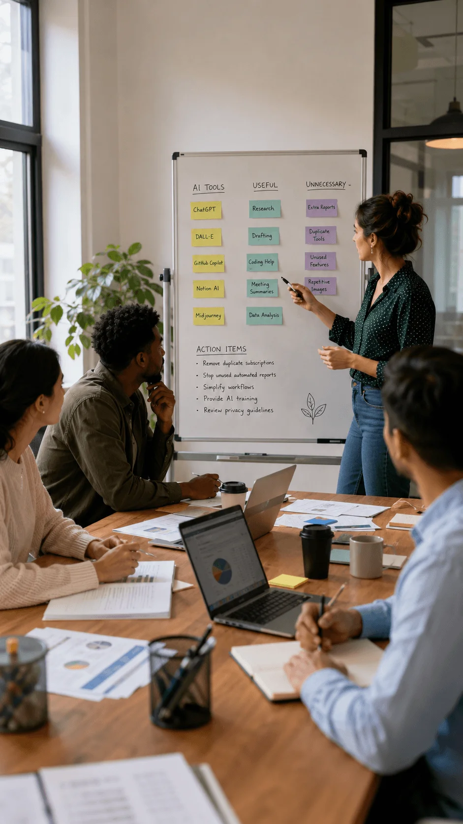 Employees discussing AI energy investigation and sustainable technology practices during a workplace meeting with an AI tools review board and digital workflow analysis