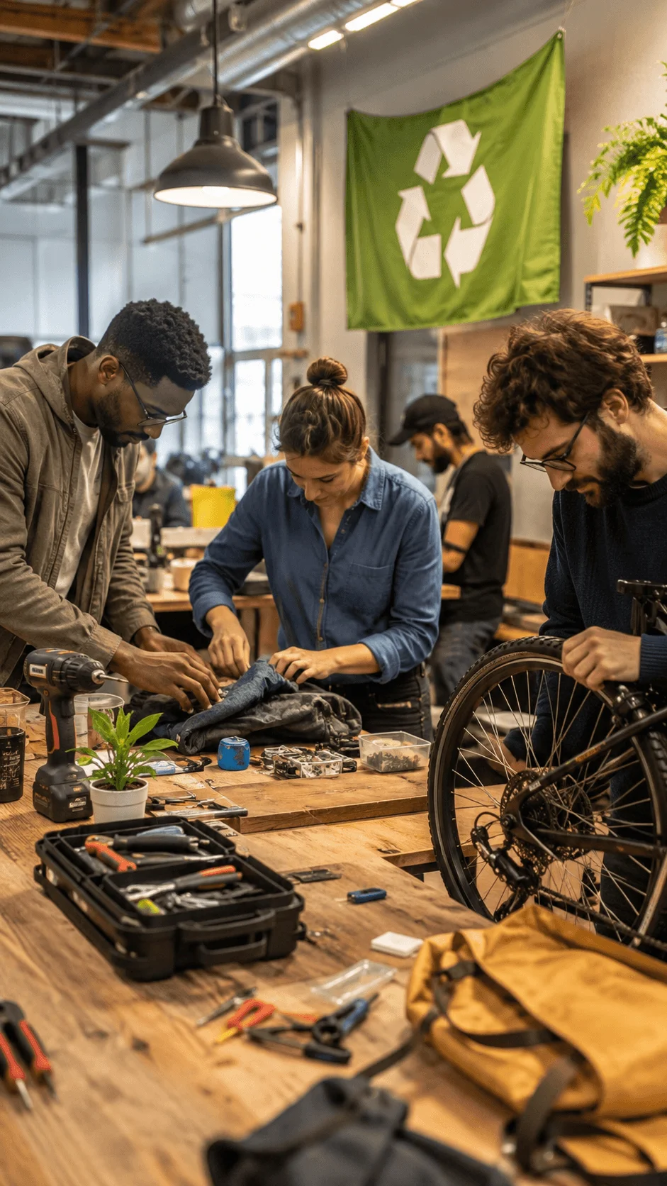 Employees repairing bicycles clothing and office equipment together in a workplace repair cafe with shared tools reusable resources and a recycling focused workspace