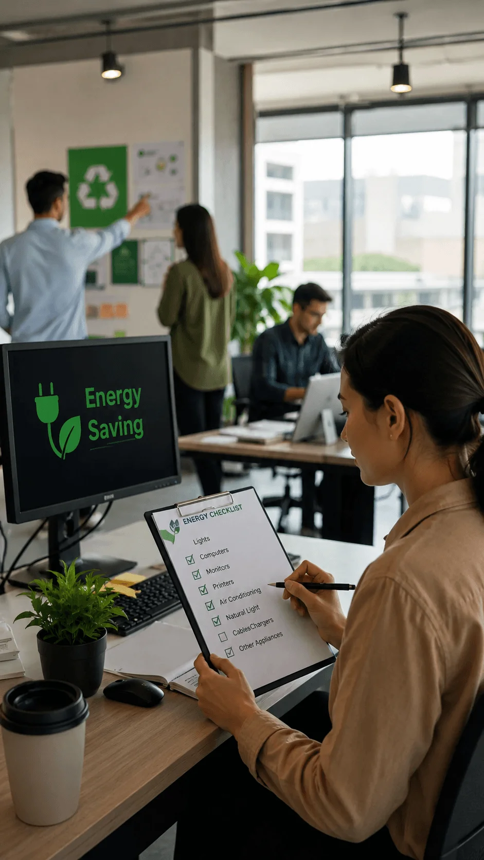 Woman completing an office energy saving checklist while coworkers review workplace sustainability practices