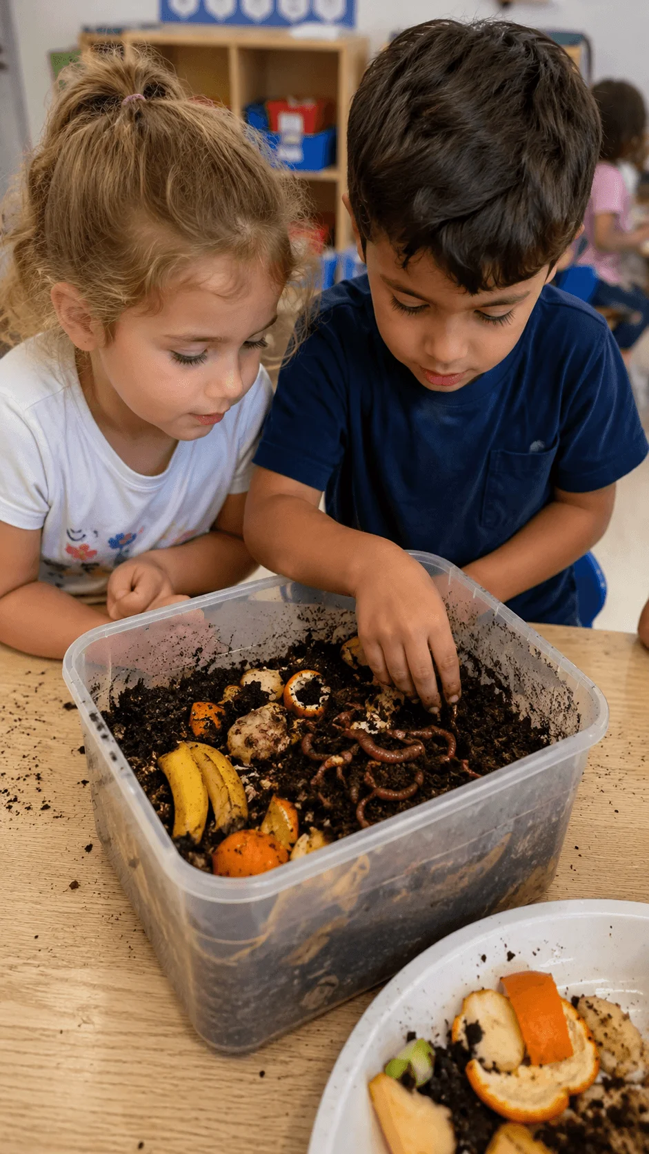 Preschool children exploring a worm compost bin filled with soil, food scraps, and earthworms while learning how natural recycling turns organic waste into compost.