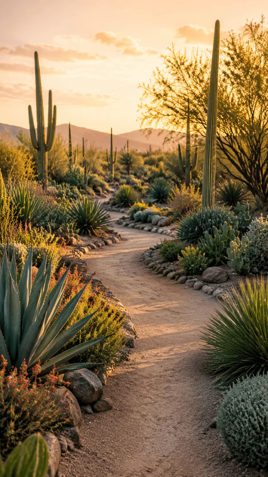 Xeriscape desert landscape with drought tolerant plants, cacti, agave, rocky pathways, warm golden sunlight, and a peaceful water wise garden surrounded by desert mountains
