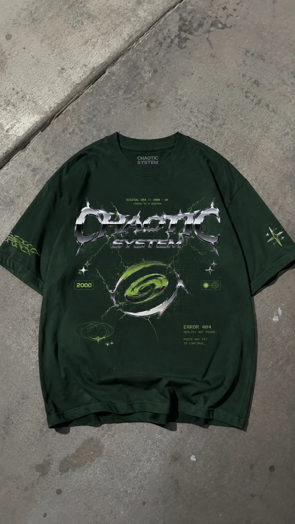 Dark green Y2K graphic T shirt featuring chrome lettering futuristic symbols and neon green digital details