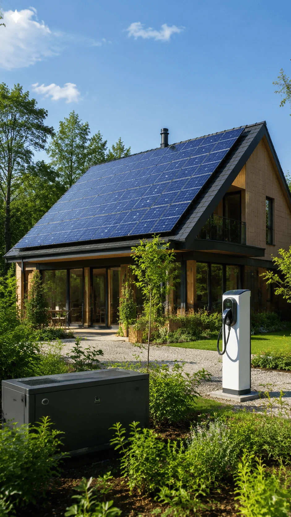 Zero energy home with rooftop solar panels electric vehicle charging station battery storage and sustainable green architecture design