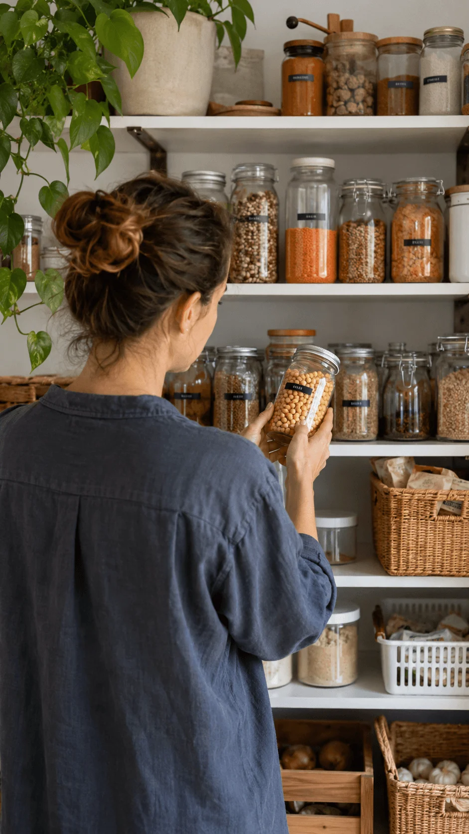 Woman reviewing labelled food jars in an organised zero waste pantry with reusable containers and baskets