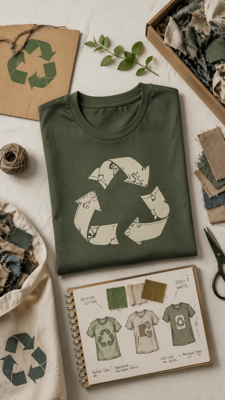 Zero waste clothing design ideas featuring a sustainable t shirt with recycling artwork, recycled fabric samples, eco friendly materials, fashion sketches, fabric scraps, and creative reuse concepts arranged in a natural workspace setting.