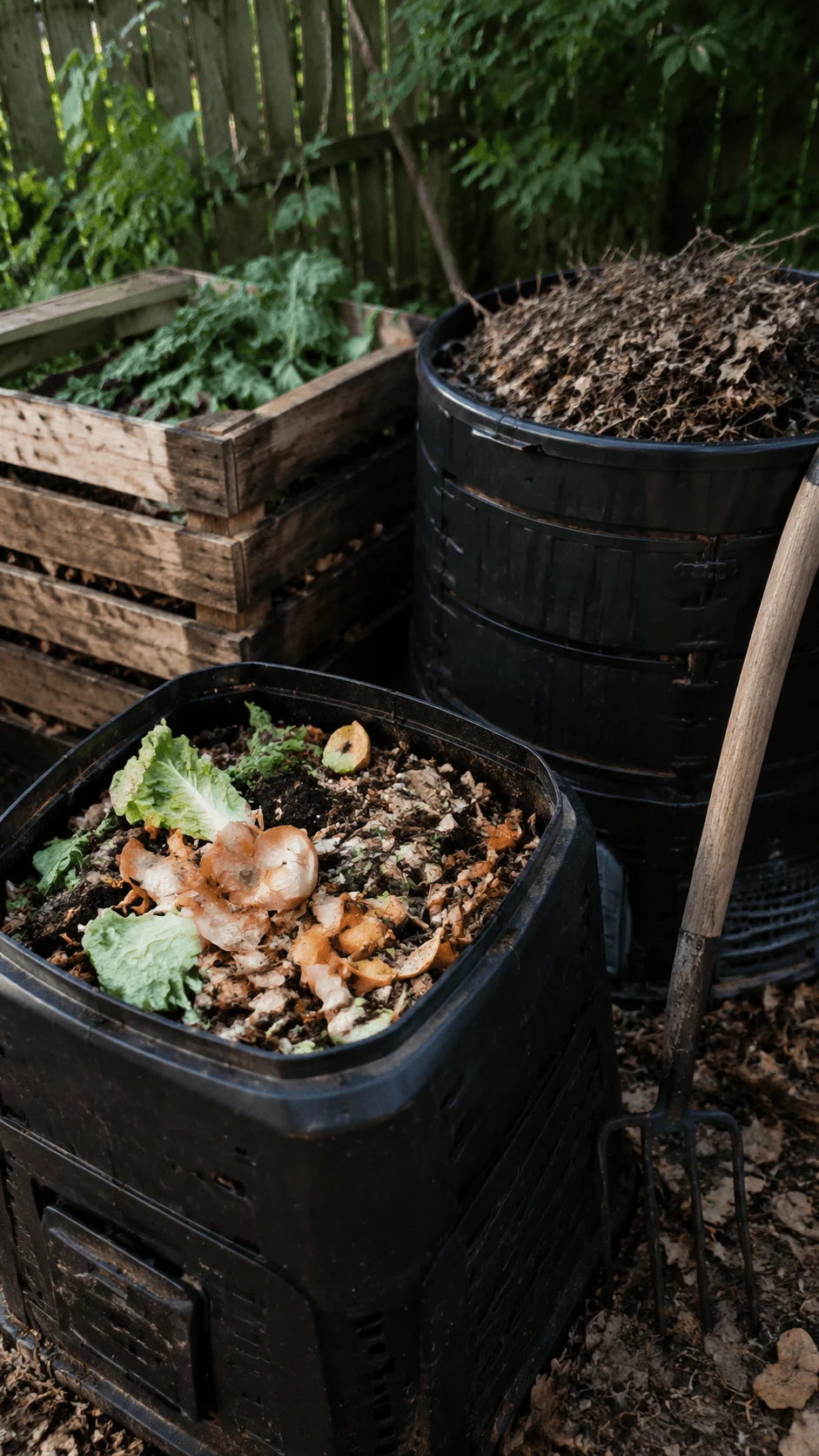 Zero waste DIY composting system with compost bins filled with organic kitchen scraps and garden waste in a sustainable backyard environment