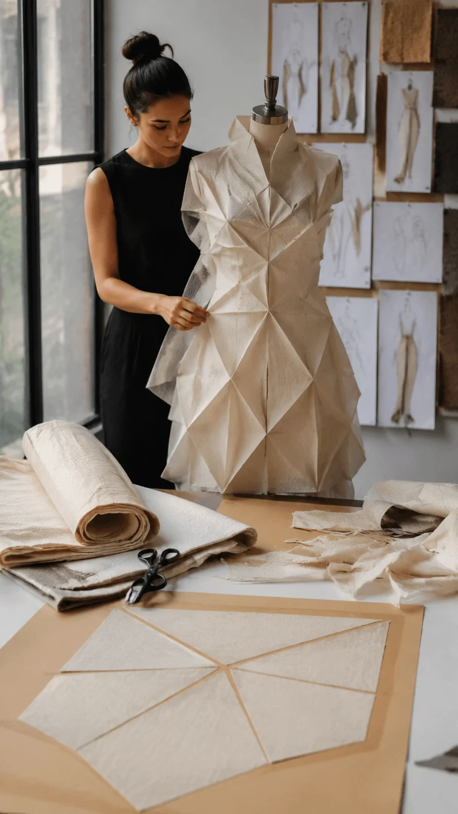 Zero waste fashion design concept showing a designer creating a sustainable garment using fabric patterns, natural textiles, and efficient material cutting techniques in a creative studio