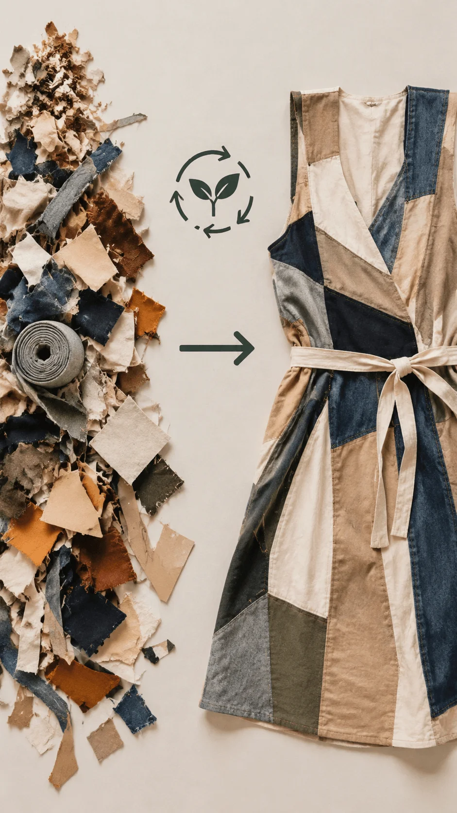 Zero waste fashion poster showing discarded fabric scraps transformed into a stylish patchwork garment with recycling symbols and sustainable design elements representing creative material reuse and eco friendly clothing production