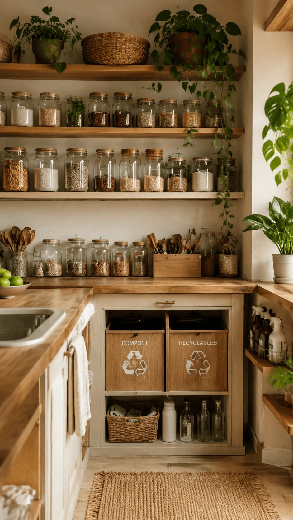 Zero waste kitchen with organized glass storage jars, wooden shelves, compost and recycling bins, reusable containers, indoor plants, and natural materials creating an eco friendly sustainable kitchen space