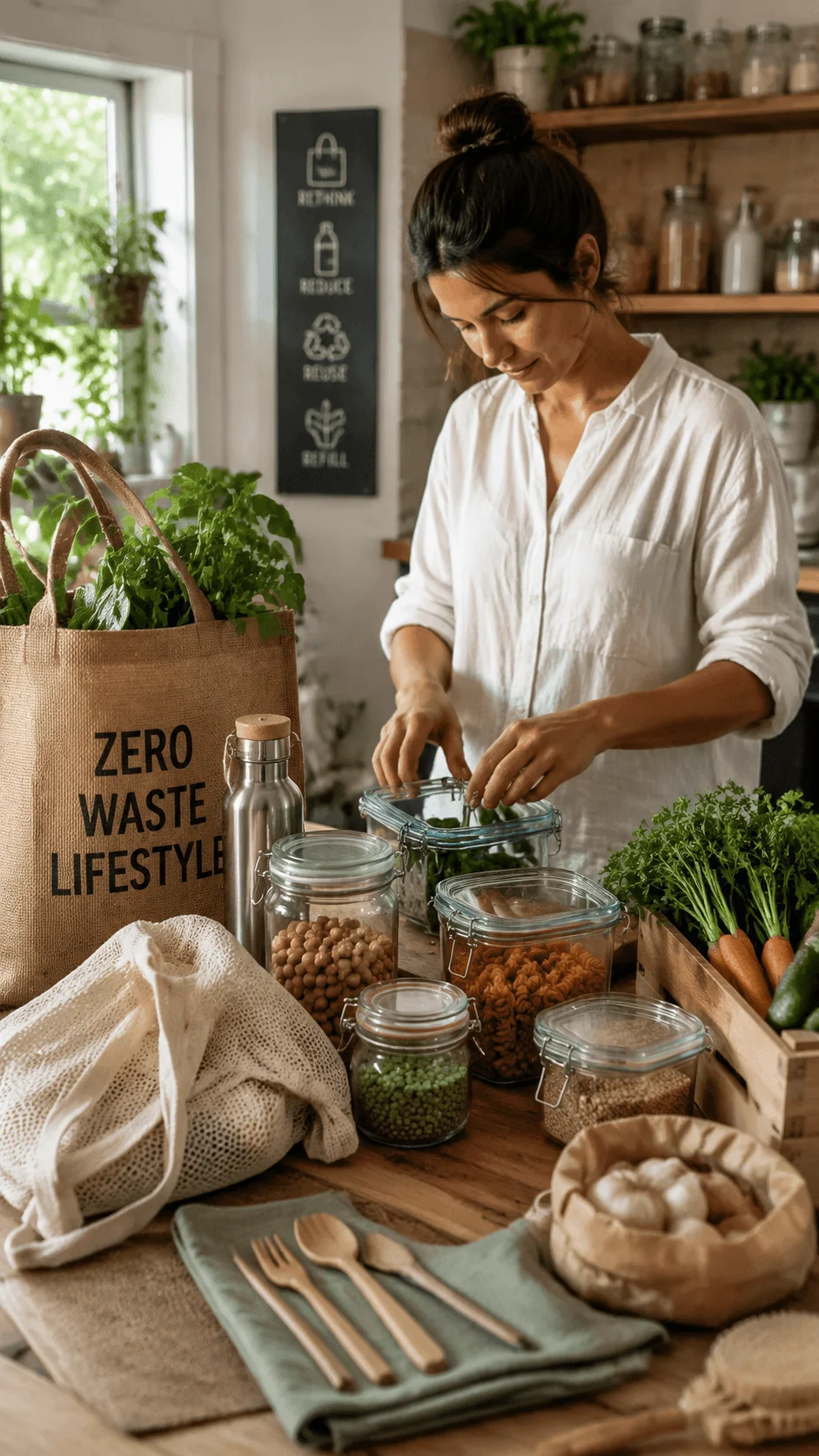 Zero waste lifestyle photography featuring reusable containers, glass jars, fresh vegetables, eco friendly kitchen products, and a person preparing sustainable food choices in a natural home environment.