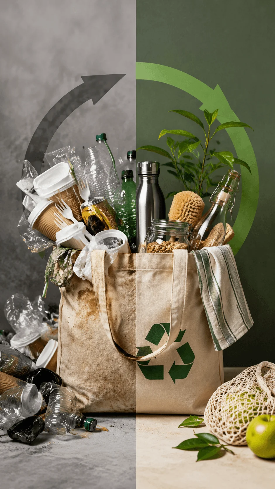 Zero waste lifestyle poster showing a reusable shopping bag filled with sustainable products, recycling symbols, eco friendly alternatives, reusable bottles, natural materials, and a transformation from plastic waste to a greener sustainable lifestyle