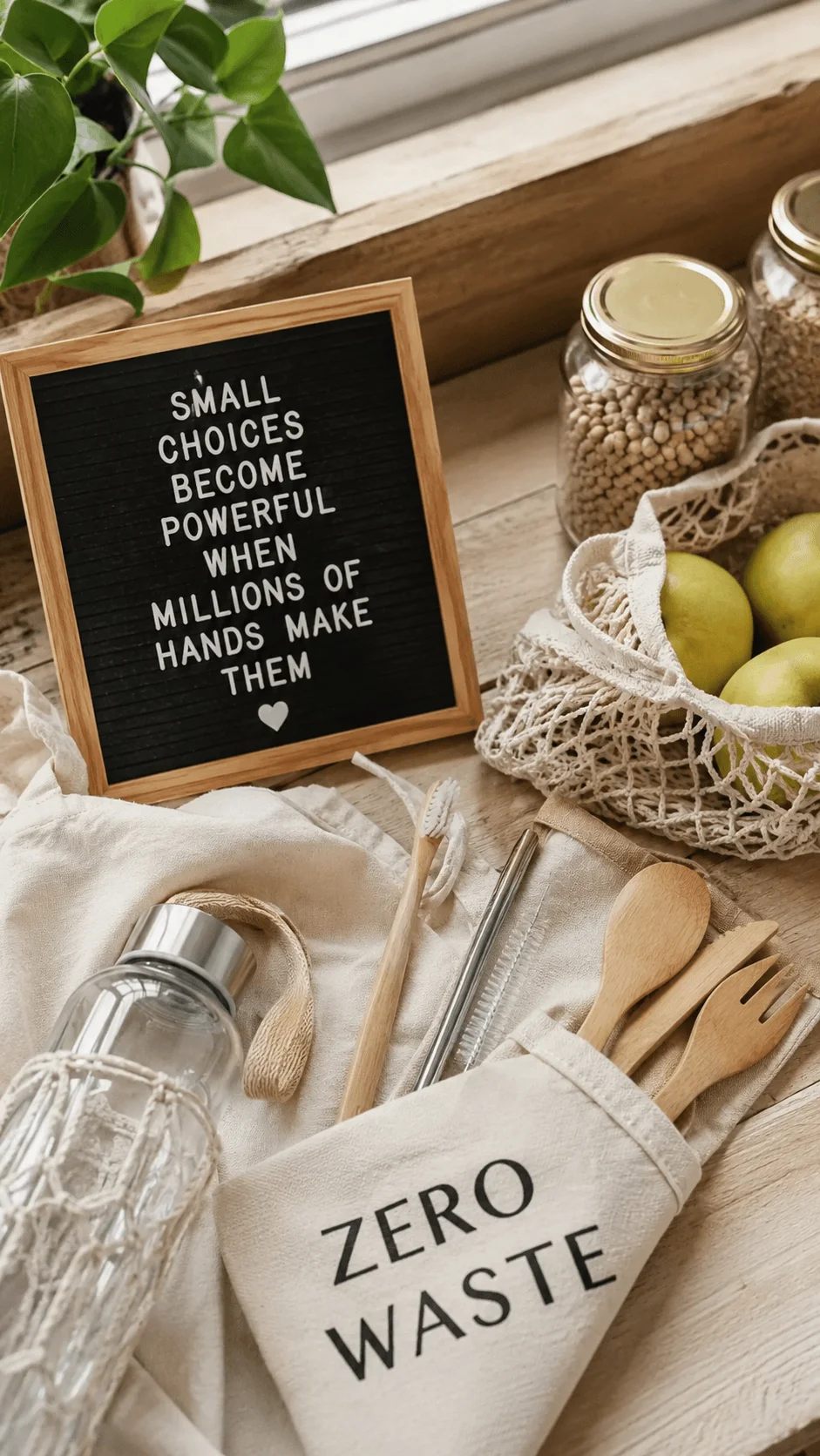 Zero waste lifestyle scene with reusable bags wooden utensils glass jars and sustainable products arranged on a natural kitchen surface with eco friendly message board