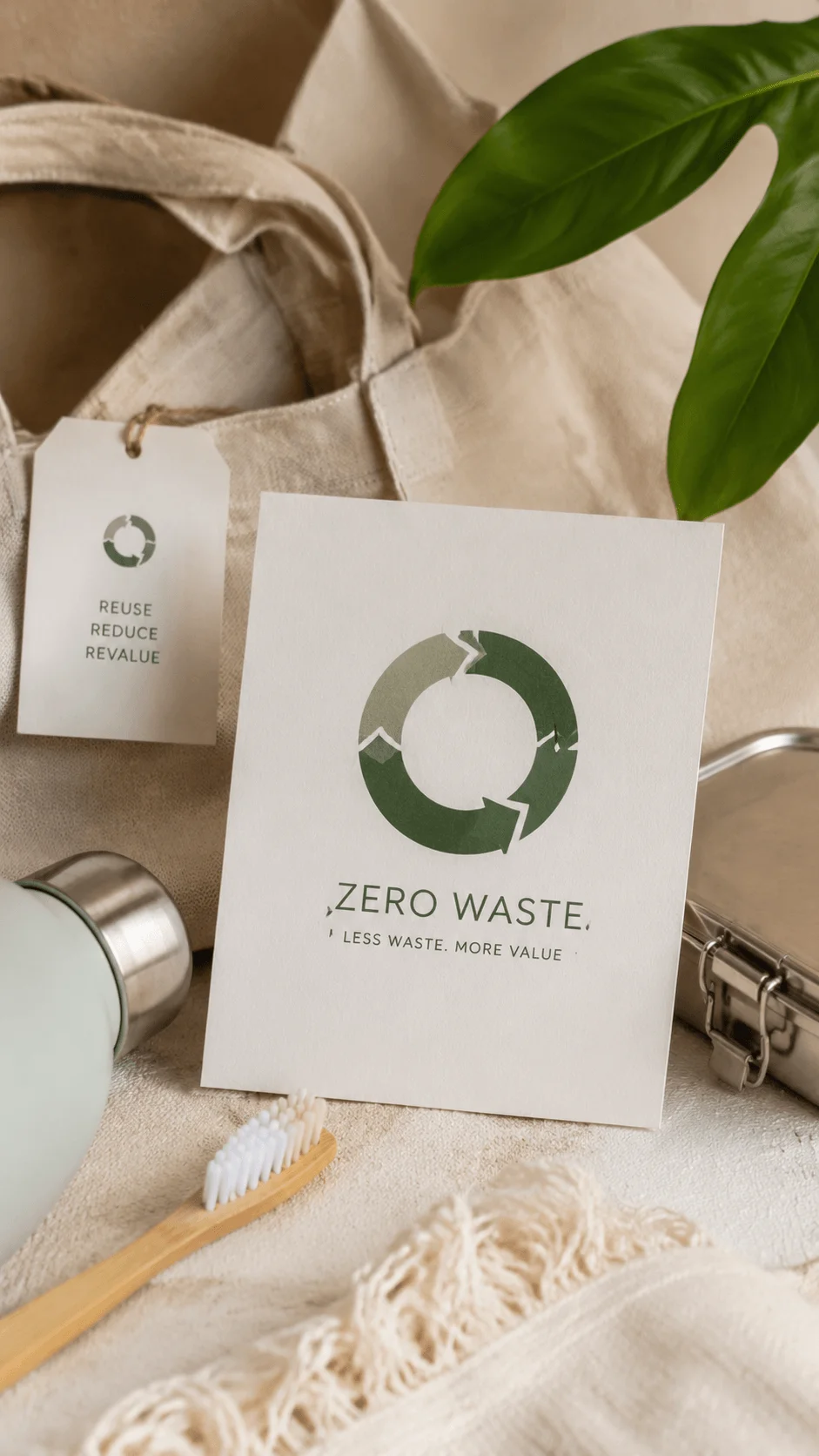Zero waste logo design concepts featuring circular recycling symbols, sustainable branding materials, reusable products and eco friendly packaging elements with a minimalist green design aesthetic