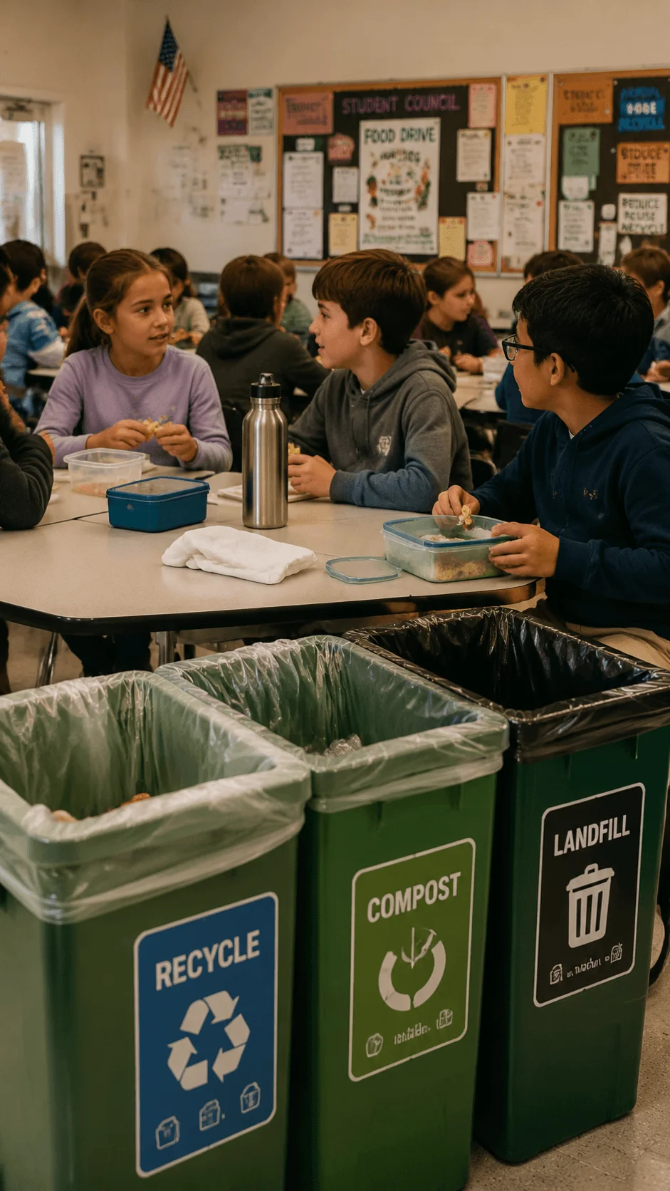 Students practicing zero waste lunch habits at school with reusable containers and recycling compost and landfill bins for waste separation