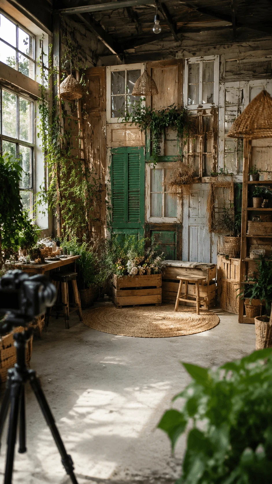 Rustic zero waste pop up photo installation with vintage doors, recycled wooden decor, indoor plants, natural light, and an eco friendly creative studio setup