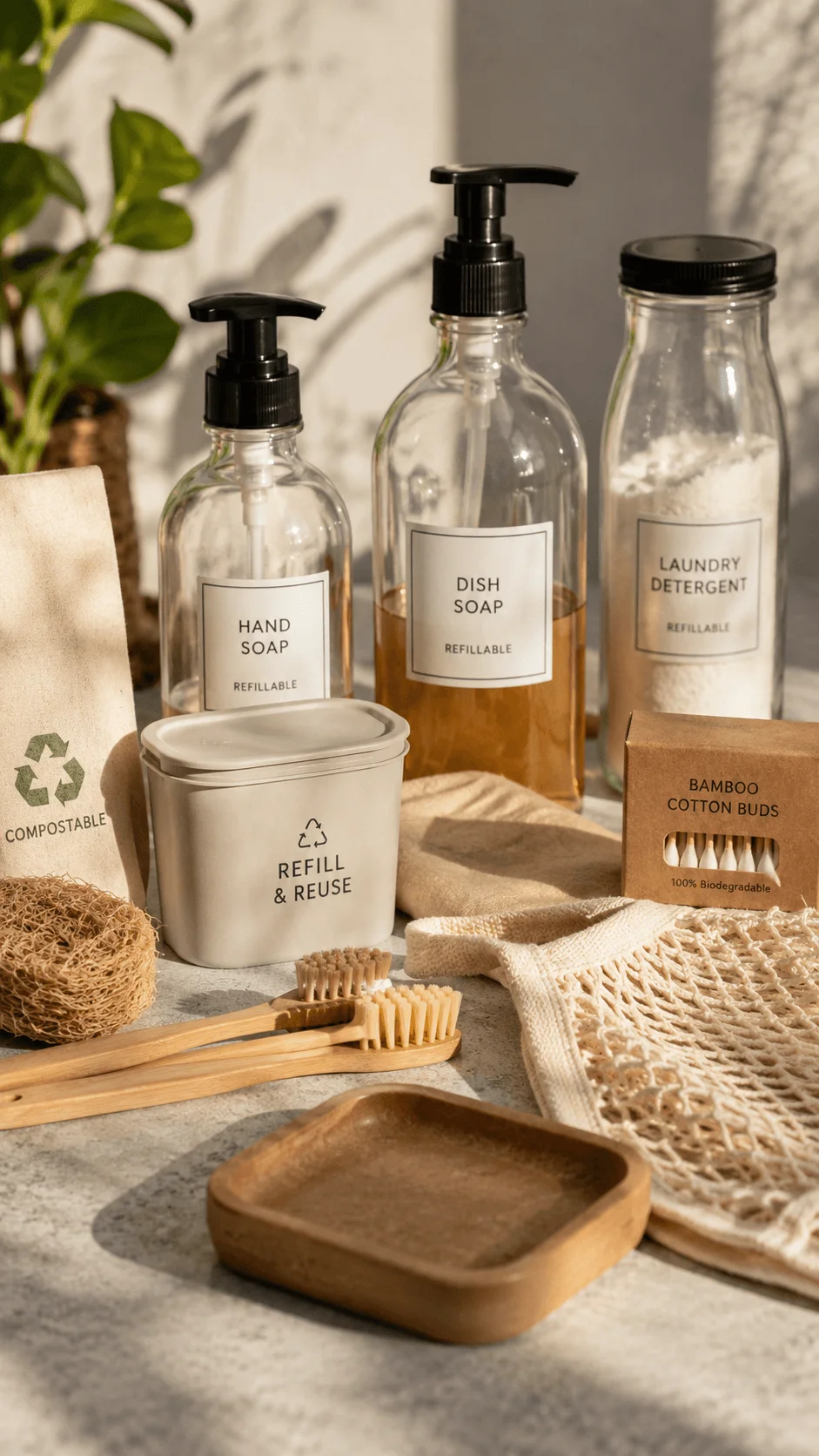 Zero waste product design ideas featuring refillable containers bamboo products biodegradable packaging reusable materials and sustainable lifestyle solutions for eco friendly living