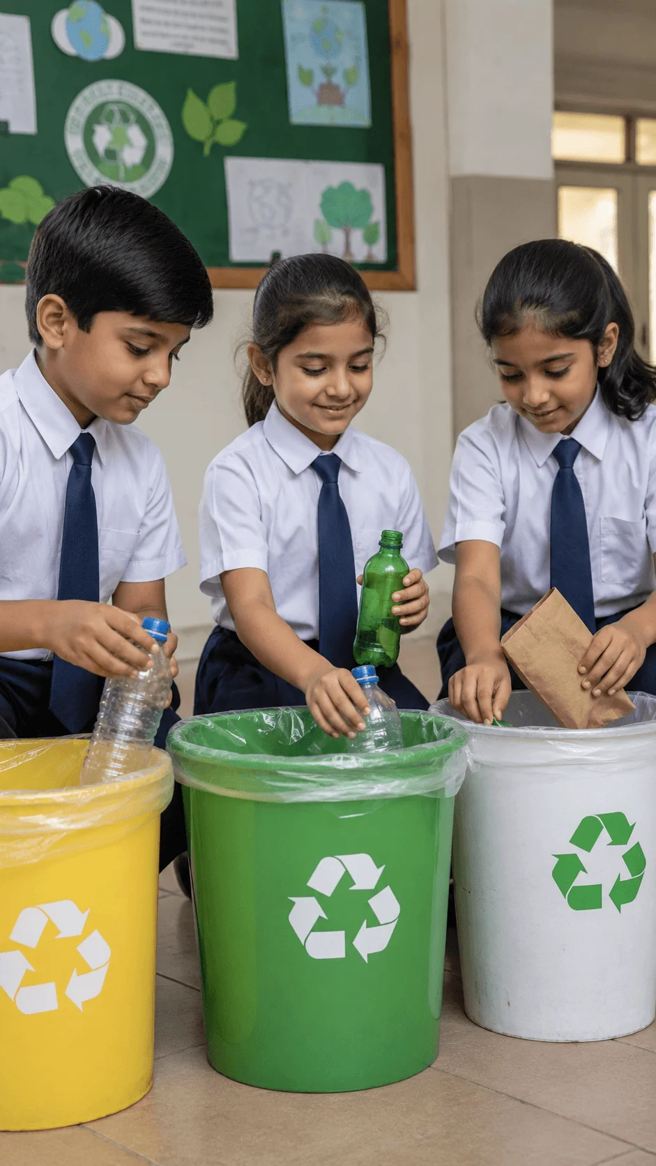 Students sorting plastic bottles and paper waste into recycling bins for a zero waste sustainability project in school