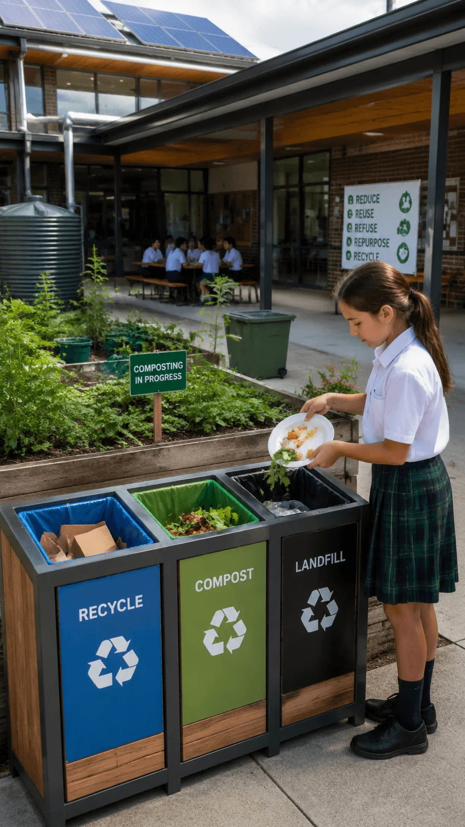 Zero waste school design featuring recycling and composting stations a student practicing waste separation sustainable landscaping and an eco friendly learning environment
