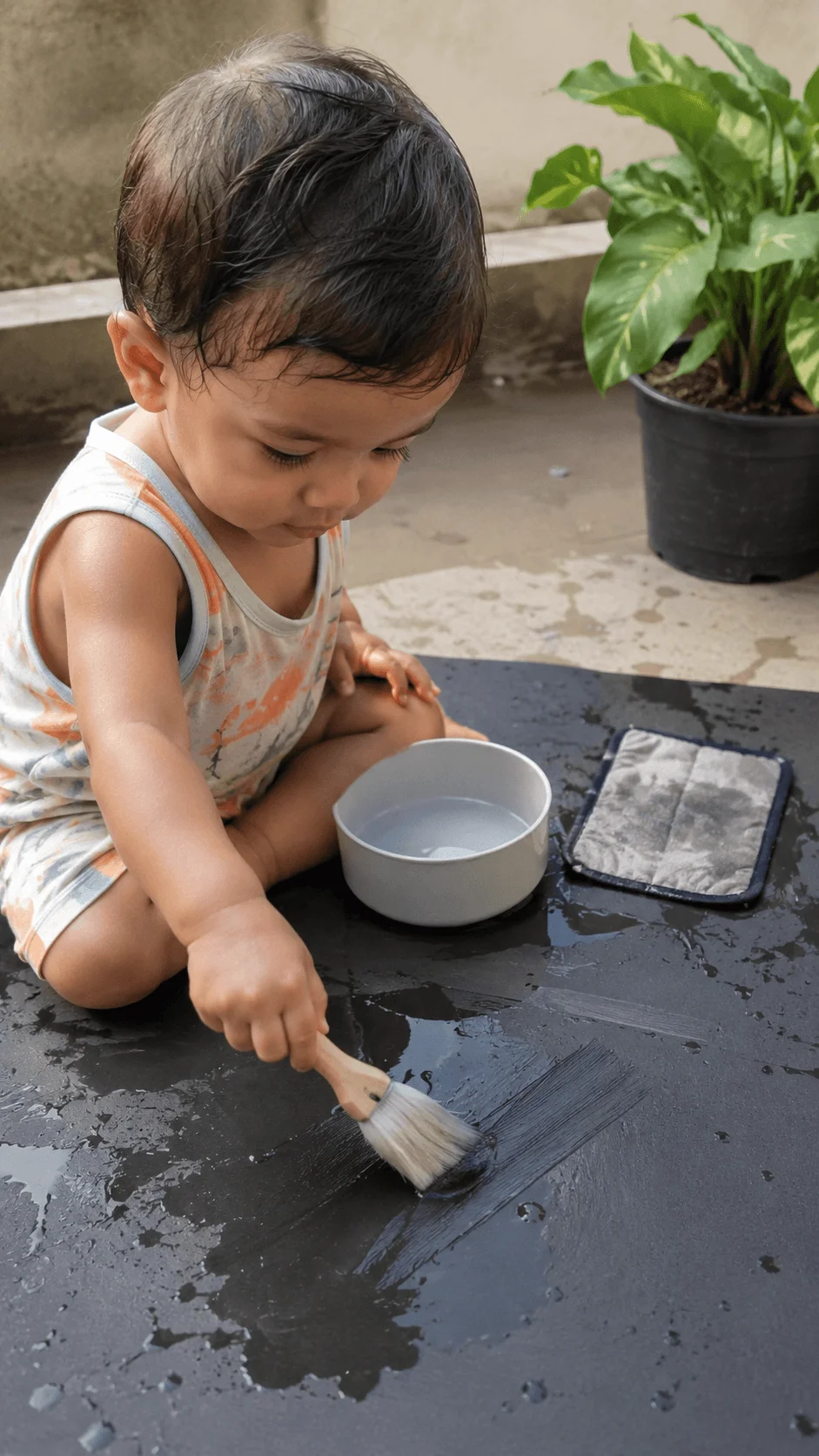 Baby painting with water on a reusable surface during a zero waste activity