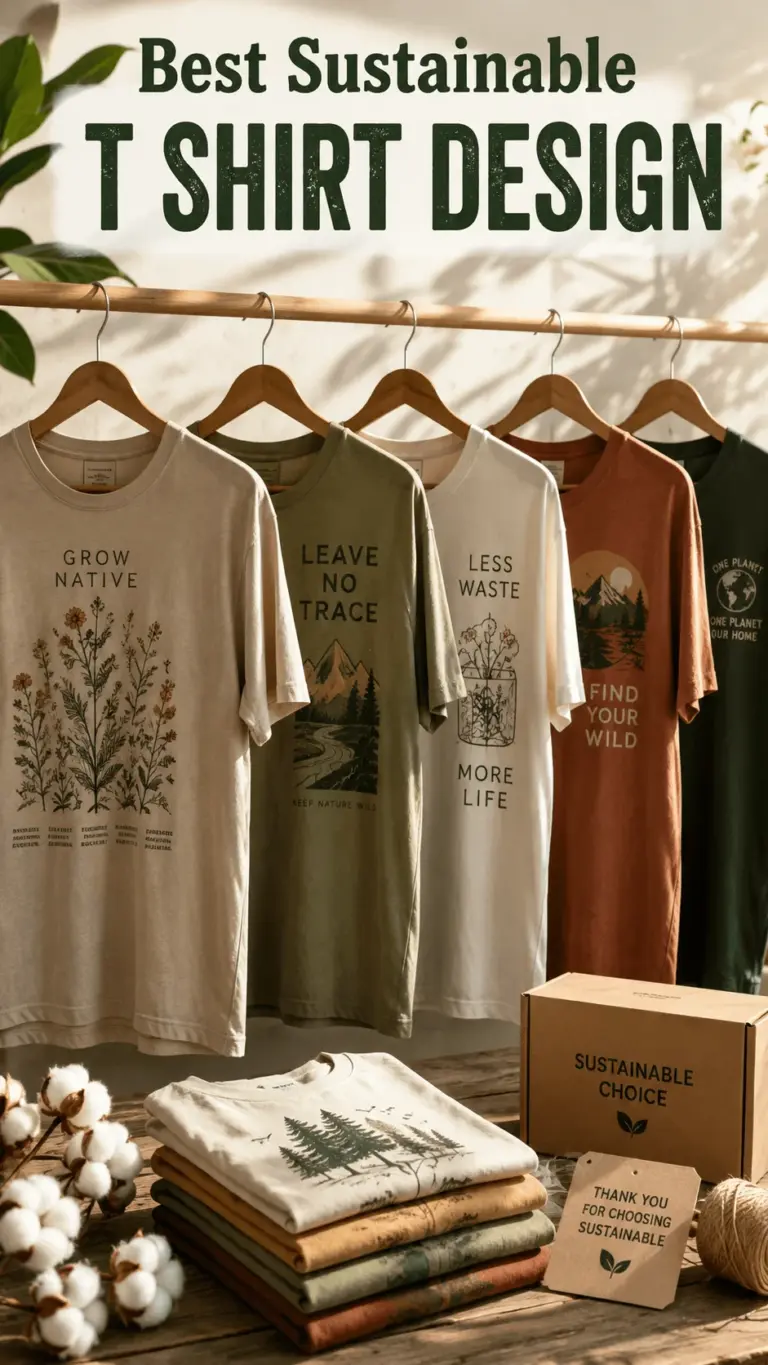 Sustainable T shirt designs displayed on wooden hangers with nature graphics organic cotton fabric and eco friendly packaging